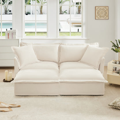 Slipcovered Sofa 2 Seater Sofa    With 2 Ottomans, 2 Seater Sleeper Sofa Bed Home Theater Oversized Sofa For Living Room, Chenille, Cream