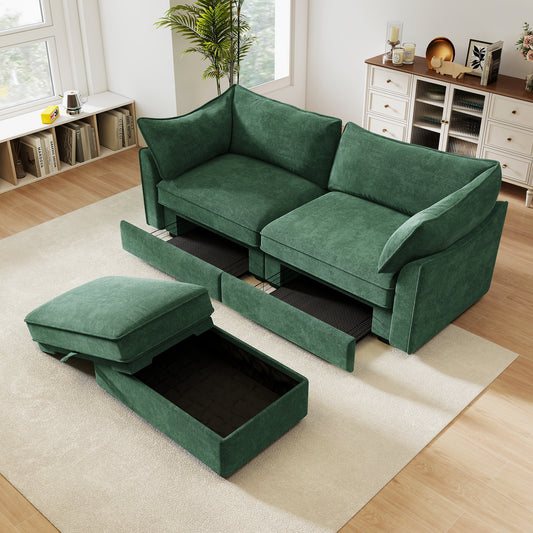 2 Seater Sofa With Footrest , 2-Seat Sofa with 1 Movable Ottoman,  Pull out Storage Drawer Under Each Seat,Chenille Green