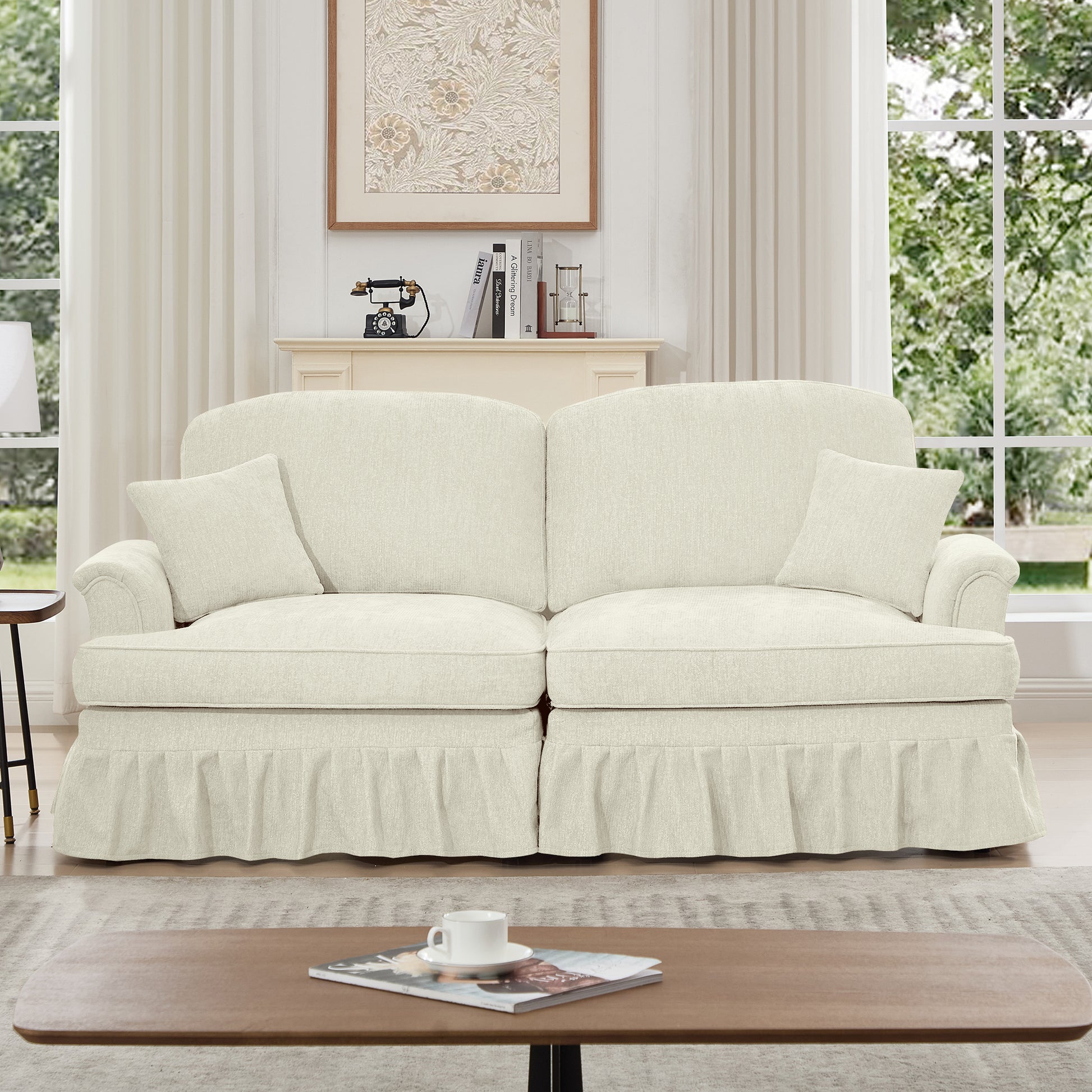 Elegant Mid Century Oversized Large Two Seater Sofa Couch with Flared Arms and Removable Ruffles Pleats Skirts and Spindle Legs, Comfy Chenille Two-Seat Love Seat Sofa for Living Room, Beige White