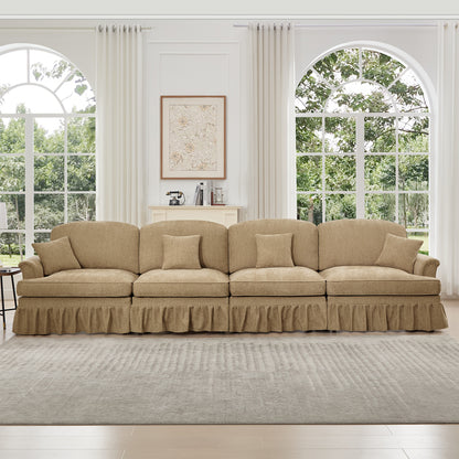 Elegant Mid Century Large 4 Seater Sofa Couch with Flared Arms and Removable Ruffles Pleats Skirts and Spindle Legs, Comfy Chenille Four-Seat Sofa for Living Room, Light Coffee