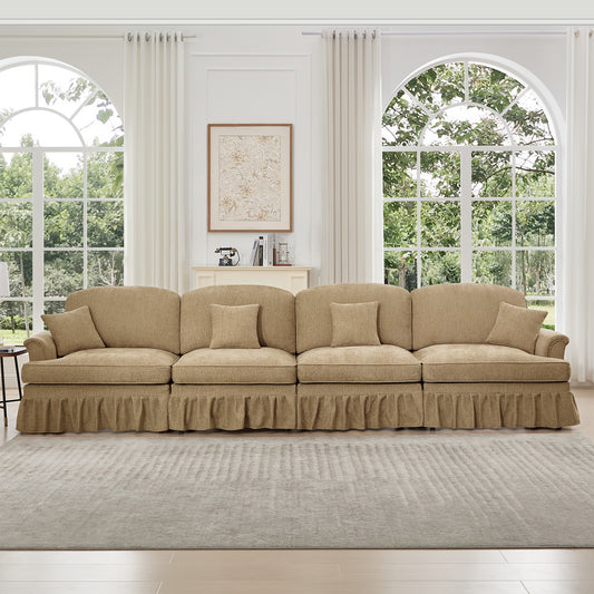Elegant Mid Century Large 4 Seater Sofa Couch with Flared Arms and Removable Ruffles Pleats Skirts and Spindle Legs, Comfy Chenille Four-Seat Sofa for Living Room, Light Coffee