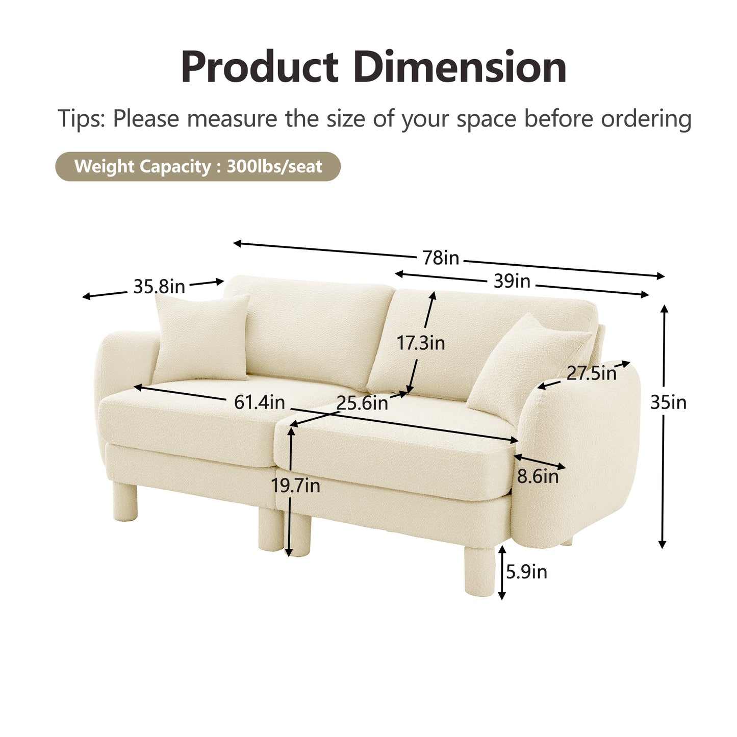 Beige Polyester 2 Seat Loveseat Sofa Couch for Living Room