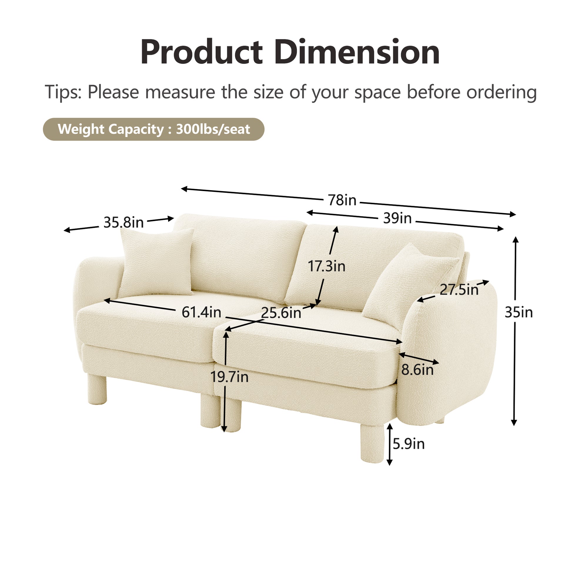 Beige Polyester 2 Seat Loveseat Sofa Couch for Living Room