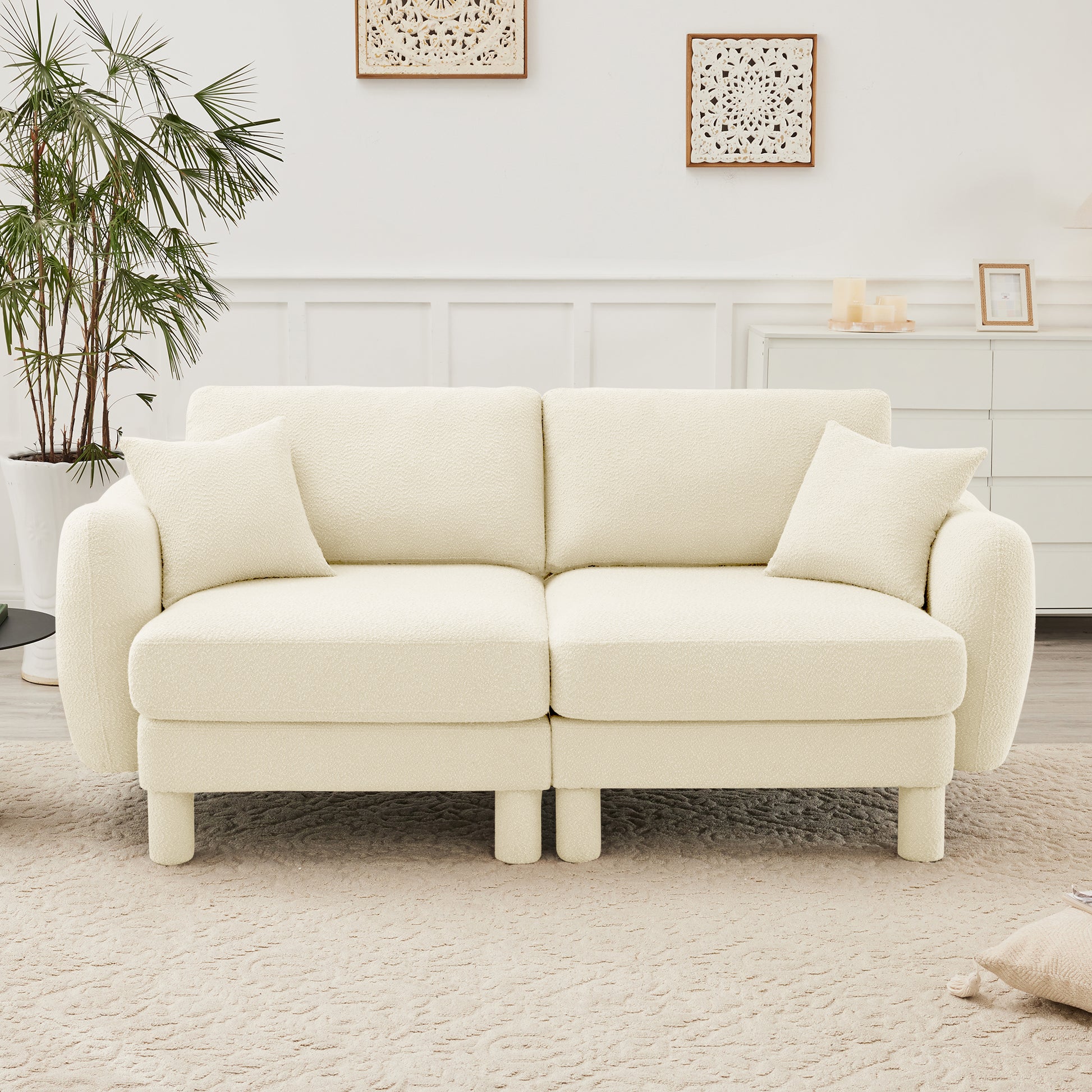 Boucle Fabric 2-seater Loveseat Sofa Couch With Distinctive Shell-shaped Armrests,Cylindrical Legs Wrapped with Self-fabric,Beige Color