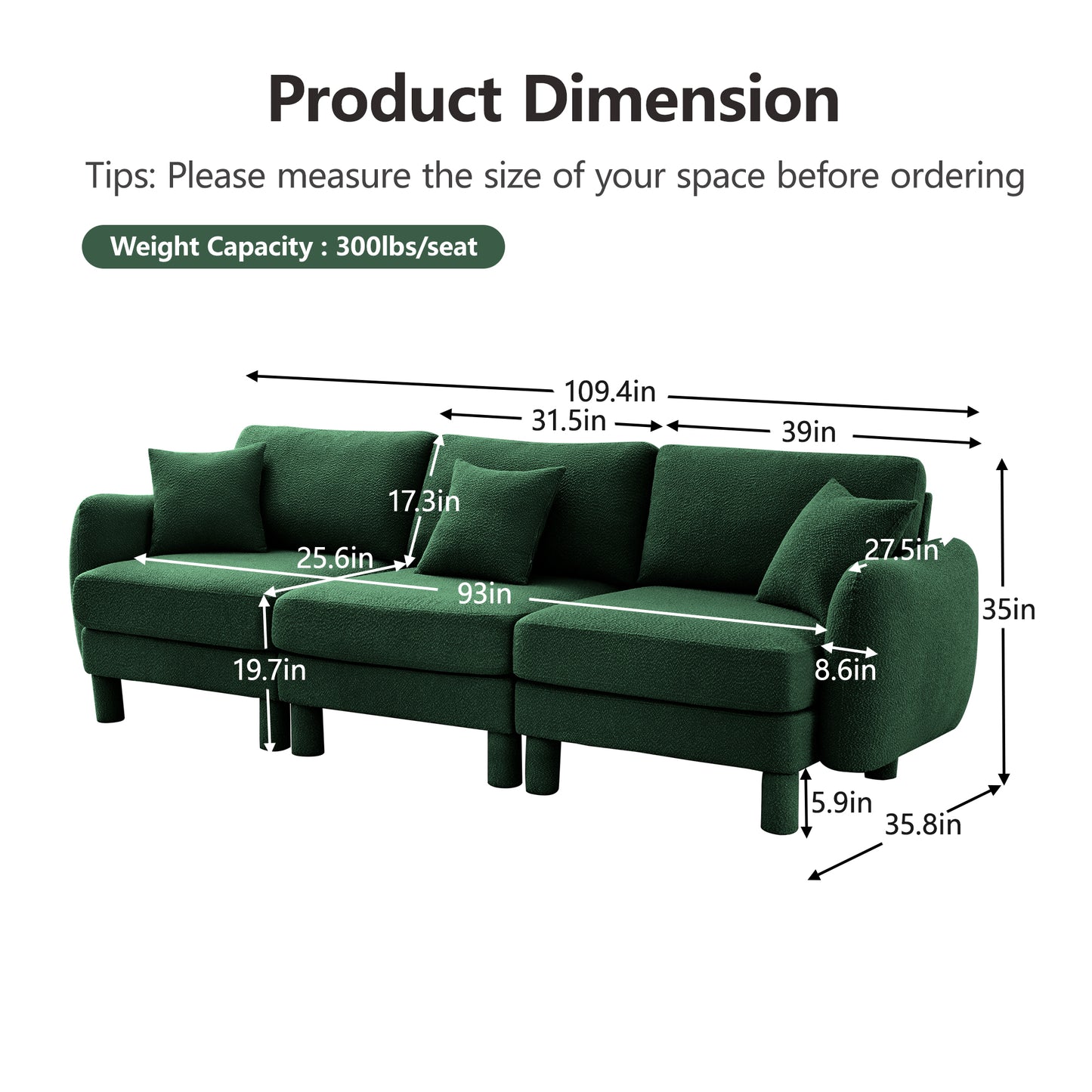 3 Seat Green Polyester Boucle Sofa Couch for Living Room