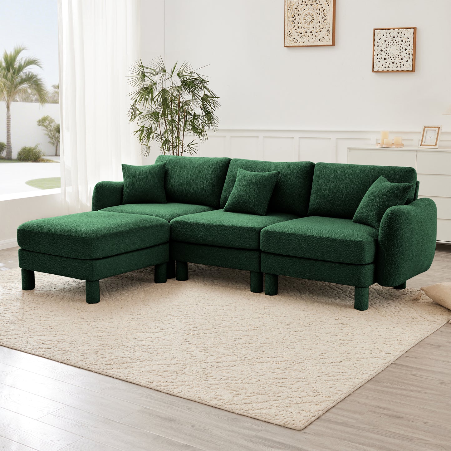 Green Boucle Sofa - 3-Seater L Shape Sectional Couch