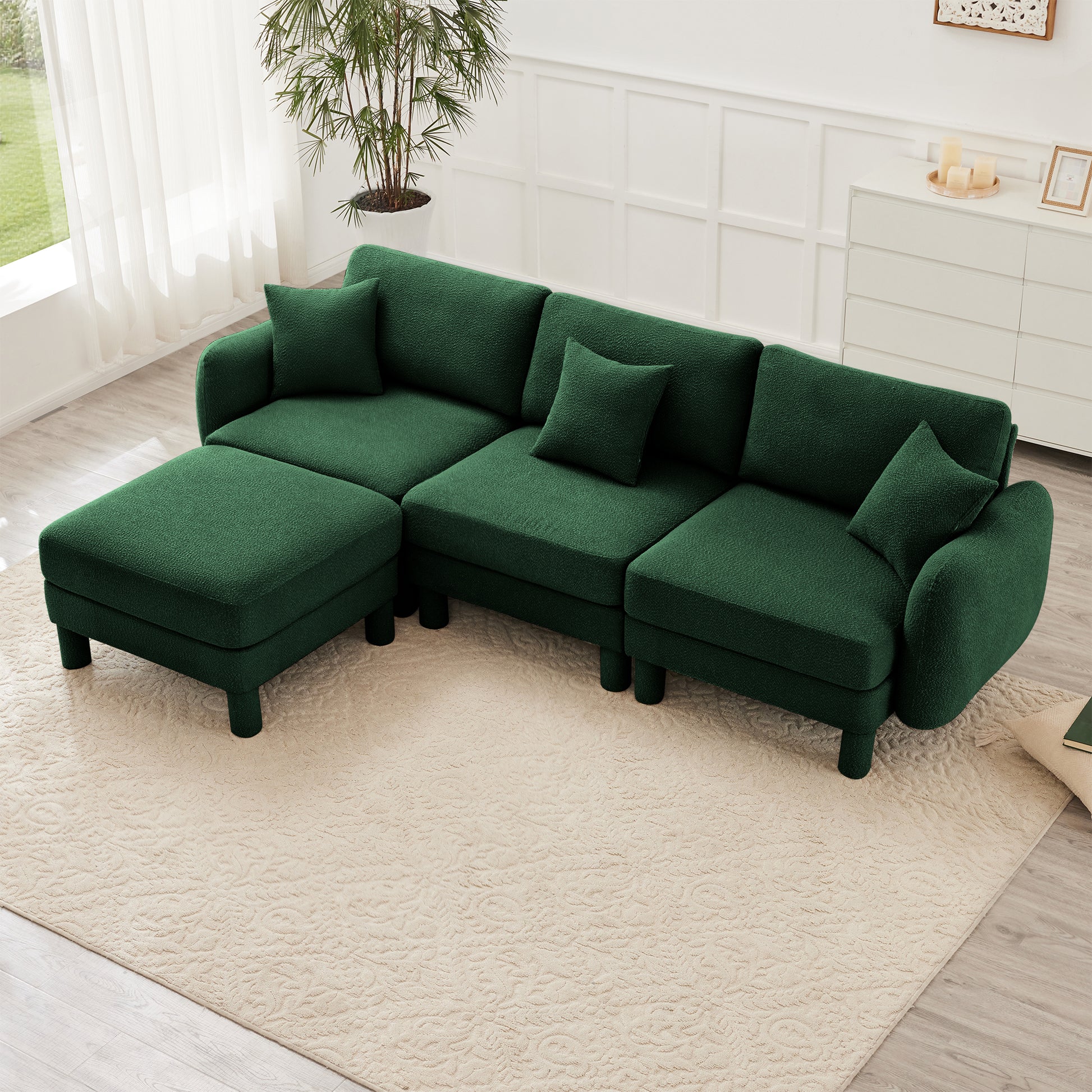 Green Boucle Sofa - 3-Seater L Shape Sectional Couch
