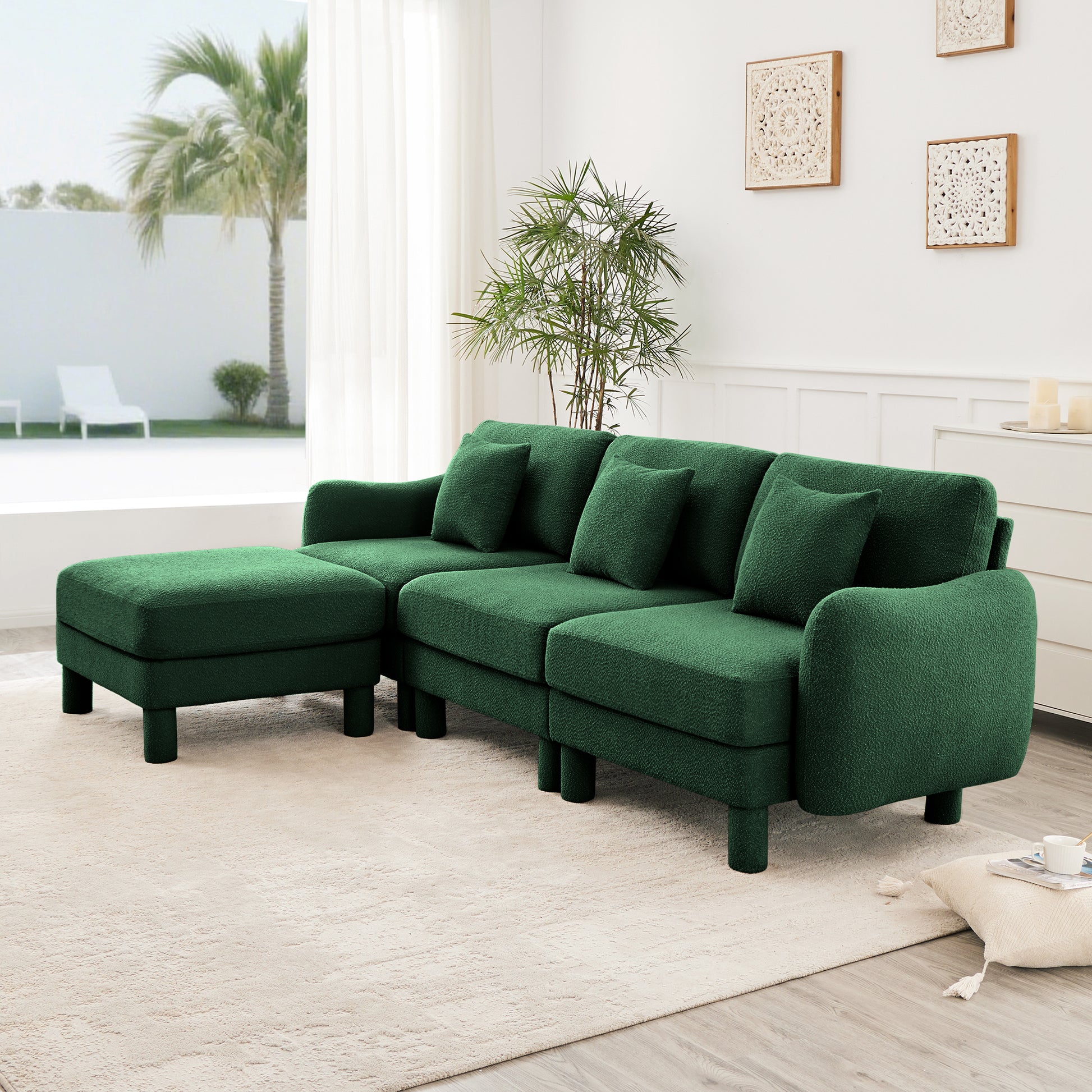 Green Boucle Sofa - 3-Seater L Shape Sectional Couch