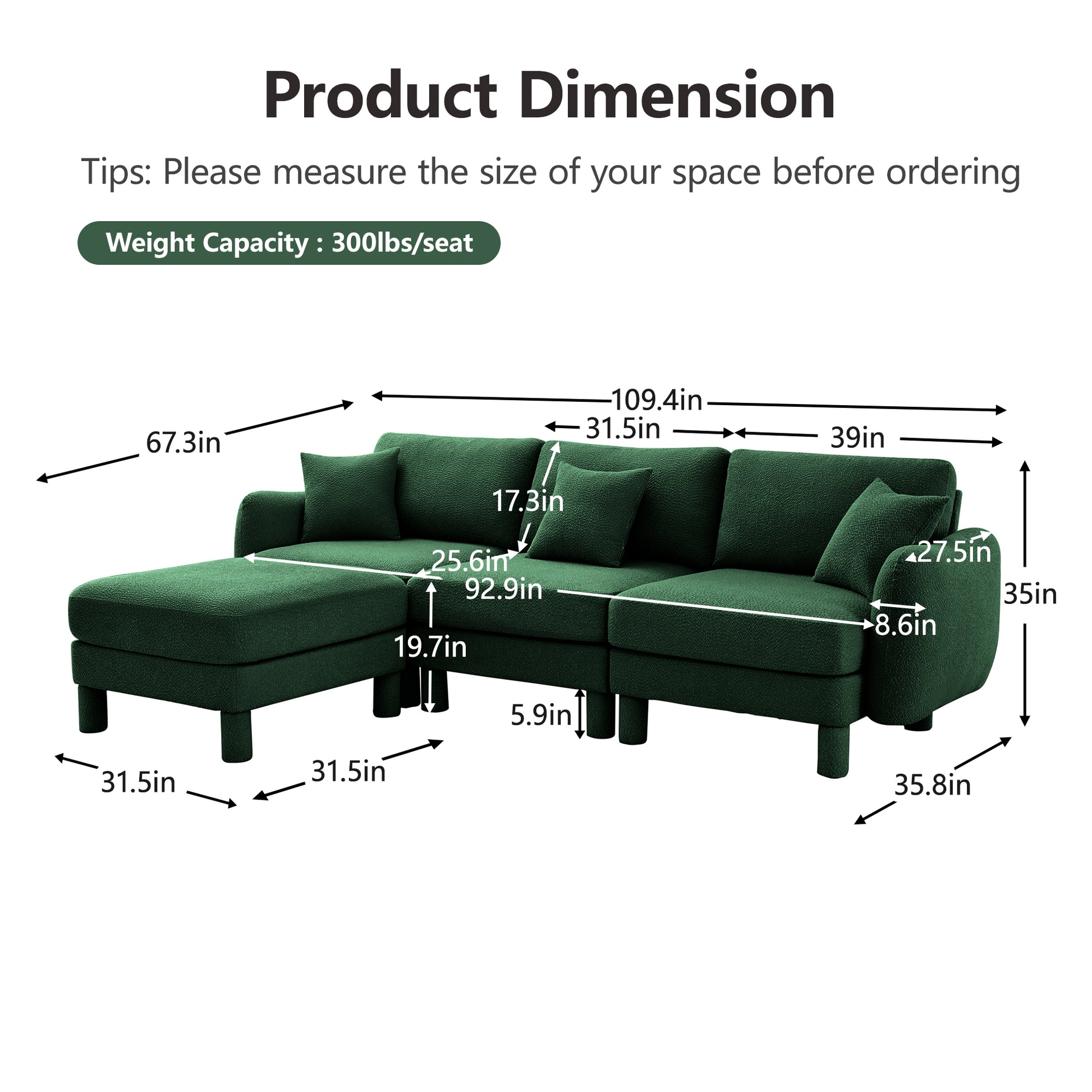 Green Boucle Sofa - 3-Seater L Shape Sectional Couch