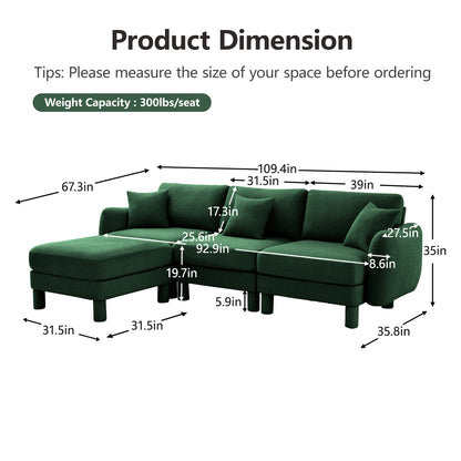 Green Boucle Sofa - 3-Seater L Shape Sectional Couch