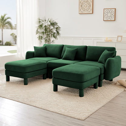 Green Boucle Sofa - 3-Seater Sectional with Ottomans