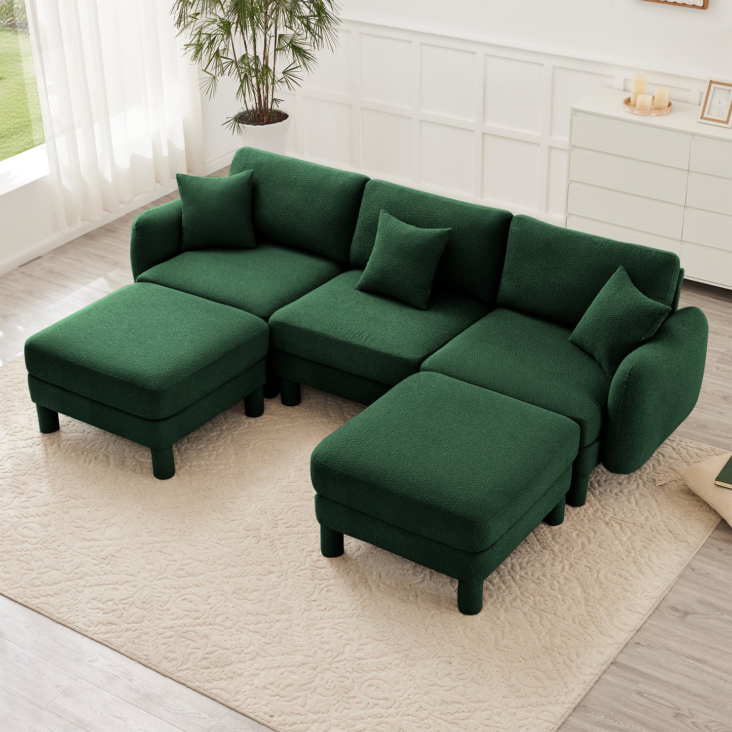 Green Boucle Sofa - 3-Seater Sectional with Ottomans