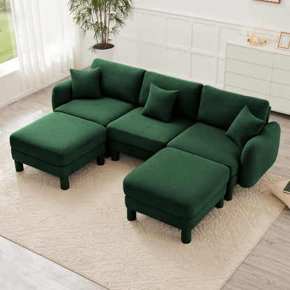 Green Boucle Sofa - 3-Seater Sectional with Ottomans