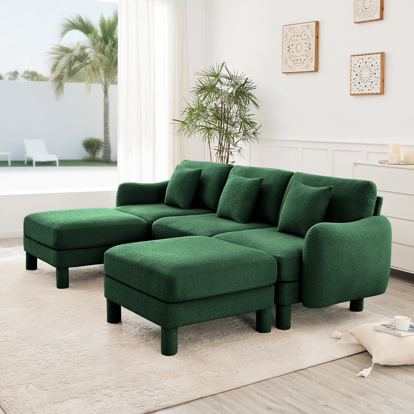 Green Boucle Sofa - 3-Seater Sectional with Ottomans