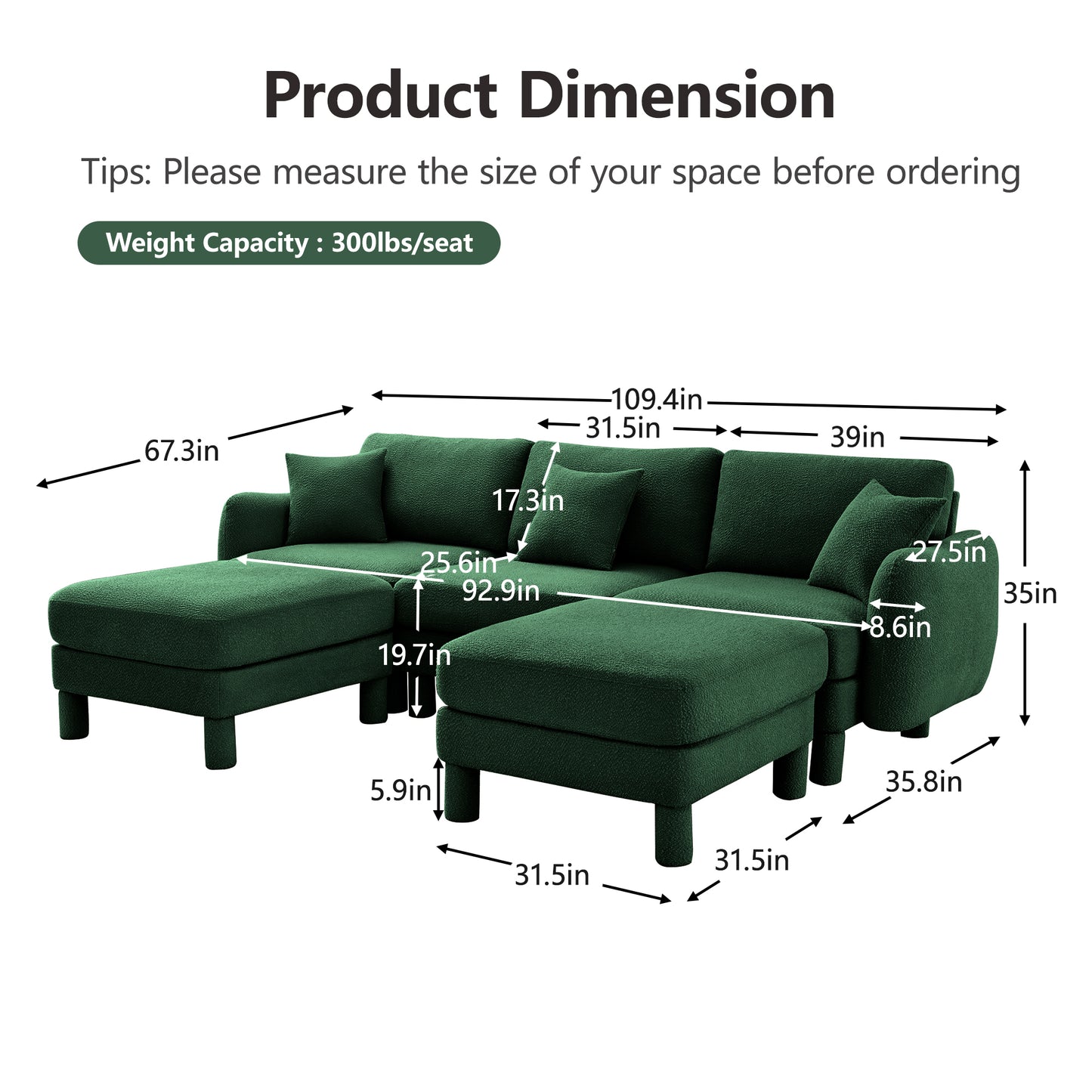 Green Boucle Sofa - 3-Seater Sectional with Ottomans