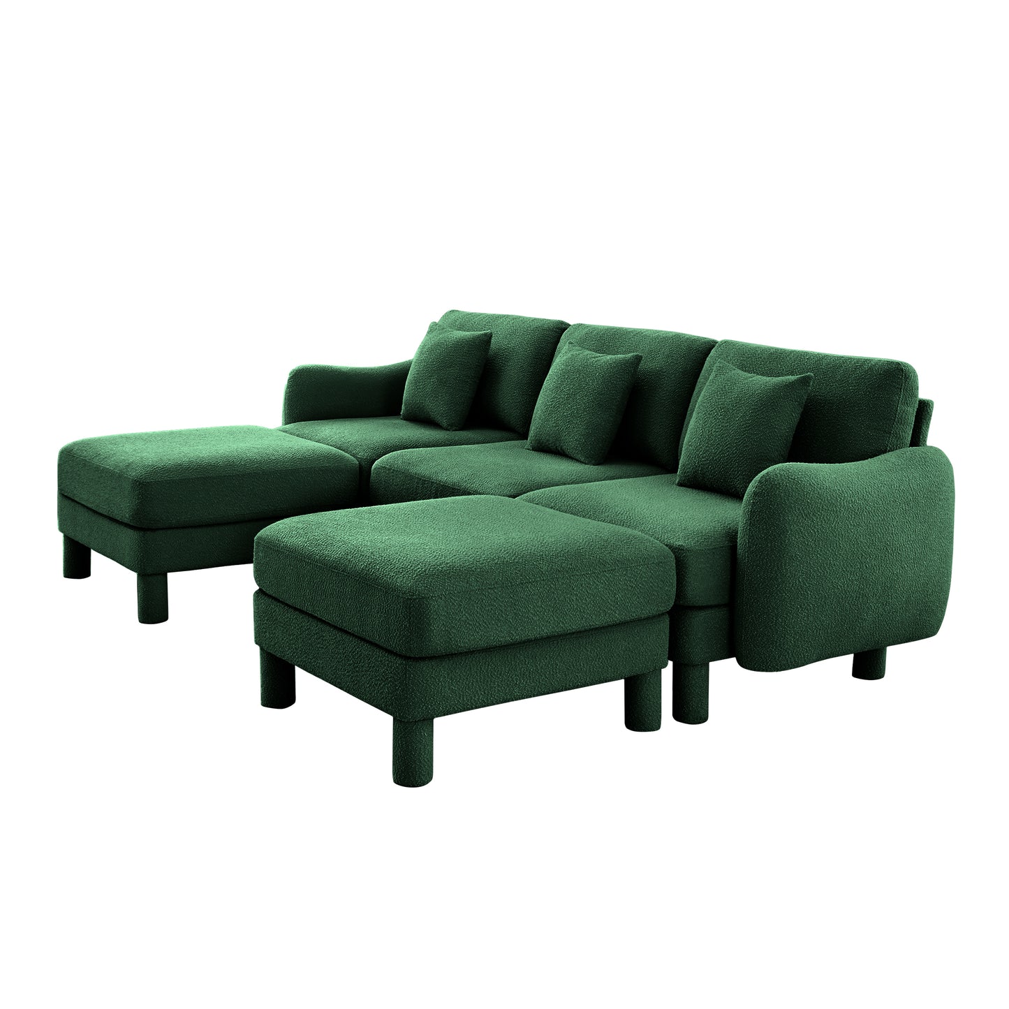 Green Boucle Sofa - 3-Seater Sectional with Ottomans