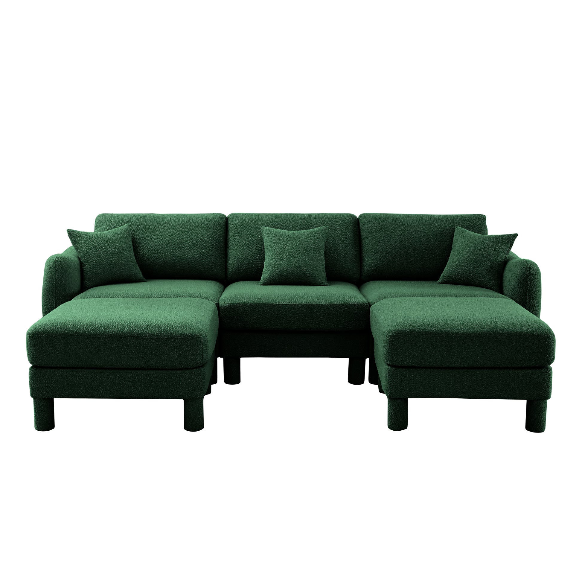 Green Boucle Sofa - 3-Seater Sectional with Ottomans