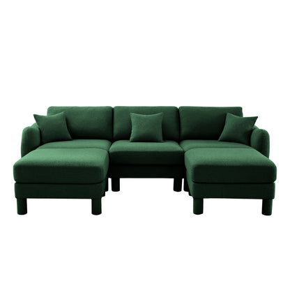 Green Boucle Sofa - 3-Seater Sectional with Ottomans