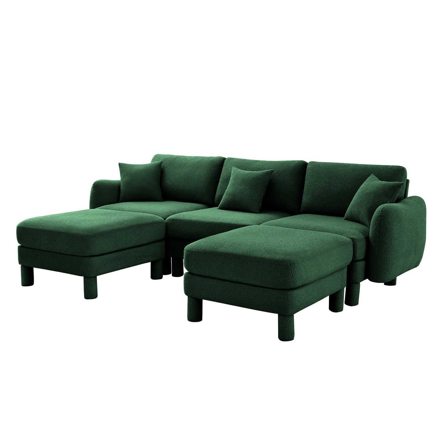 Green Boucle Sofa - 3-Seater Sectional with Ottomans