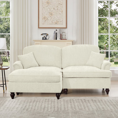 Elegant Mid Century Large Two Seater Modular L Shaped Sofa Couch with Flared Arms and Removable Ruffles Pleats Skirts and Spindle Legs, Comfy Chenille Loveseat Sofa with Movable Ottoman, Beige White
