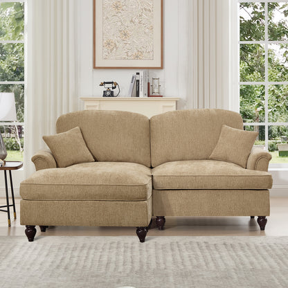 Elegant Mid Century Large Two Seater Modular L Shaped Sofa Couch with Flared Arms and Removable Ruffles Pleats Skirts and Spindle Legs, Comfy Chenille Loveseat Sofa with Movable Ottoman,Light Coffee
