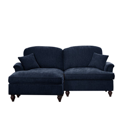 Elegant Mid Century Large Two Seater Modular L Shaped Sofa Couch with Flared Arms and Removable Ruffles Pleats Skirts and Spindle Legs, Comfy Chenille Loveseat Sofa with Movable Ottoman,Blue