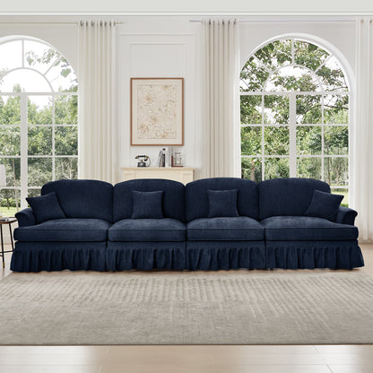 Elegant Mid Century Large 4 Seater Sofa Couch with Flared Arms and Removable Ruffles Pleats Skirts and Spindle Legs, Comfy Chenille Four-Seat Sofa for Living Room, Blue