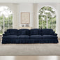 Elegant Mid Century Large 4 Seater Sofa Couch with Flared Arms and Removable Ruffles Pleats Skirts and Spindle Legs, Comfy Chenille Four-Seat Sofa for Living Room, Blue