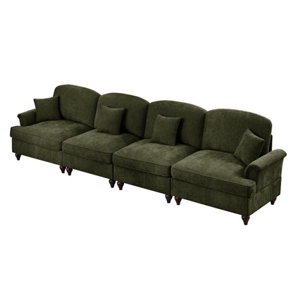 Elegant Mid Century Large 4 Seater Sofa Couch with Flared Arms and Removable Ruffles Pleats Skirts and Spindle Legs, Comfy Chenille Four-Seat Sofa for Living Room, Green