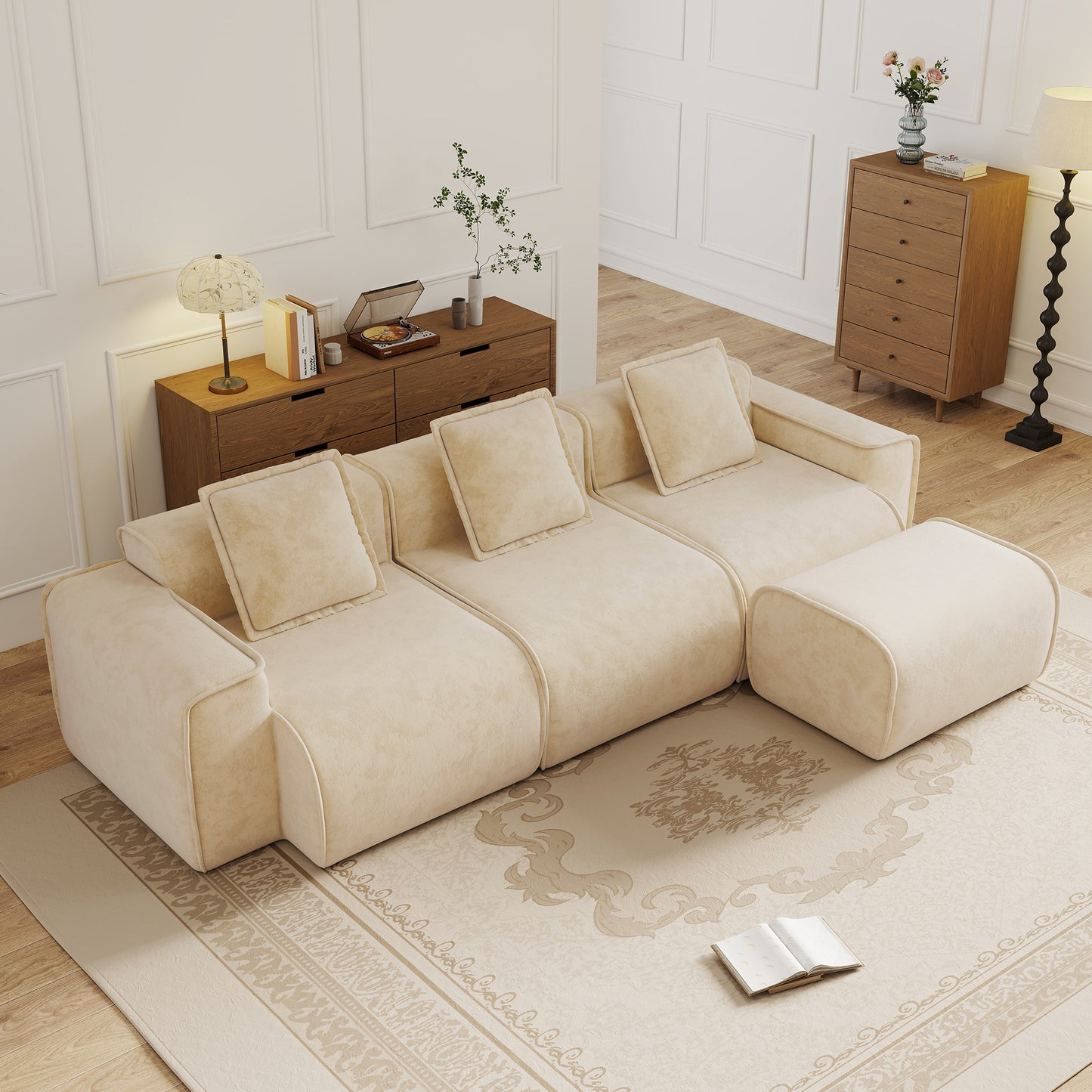 Streamlined Design Modular 3 Seat L Shape Sectional Boneless Sofa with French Edge Piping, No Assembly Required, 3-Seat Sofa Couch with Throw Pillows and 1 Movable Ottoman, Velvet Fabric Light Camel