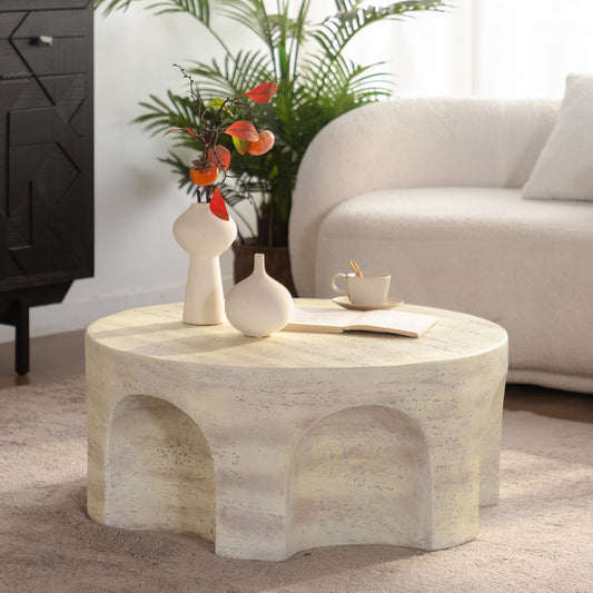 MgO Modern Minimalist Round Accent Coffee Table with Unique Arched Cutout Base, No Assembly Required, Sturdy Structure for Living Room & Bedroom Home Decor.