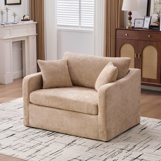 43.9" Wide Modern Upholstered Farmhouse Performance Accent Chair with Black Metal Legs,  Chenille Reading Armchair Single Sofa with Two Bolster Pillows for Living Room offices and Lounge,Wheat