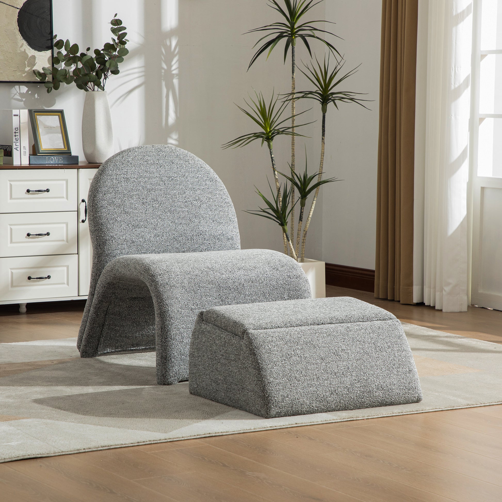 24.8 " Wide Modern Upholstered Armless Chair with Storage Ottoman, Chenille Accent Chair for Living Room,Bedroom,Office and Reading Room,  Gray-White