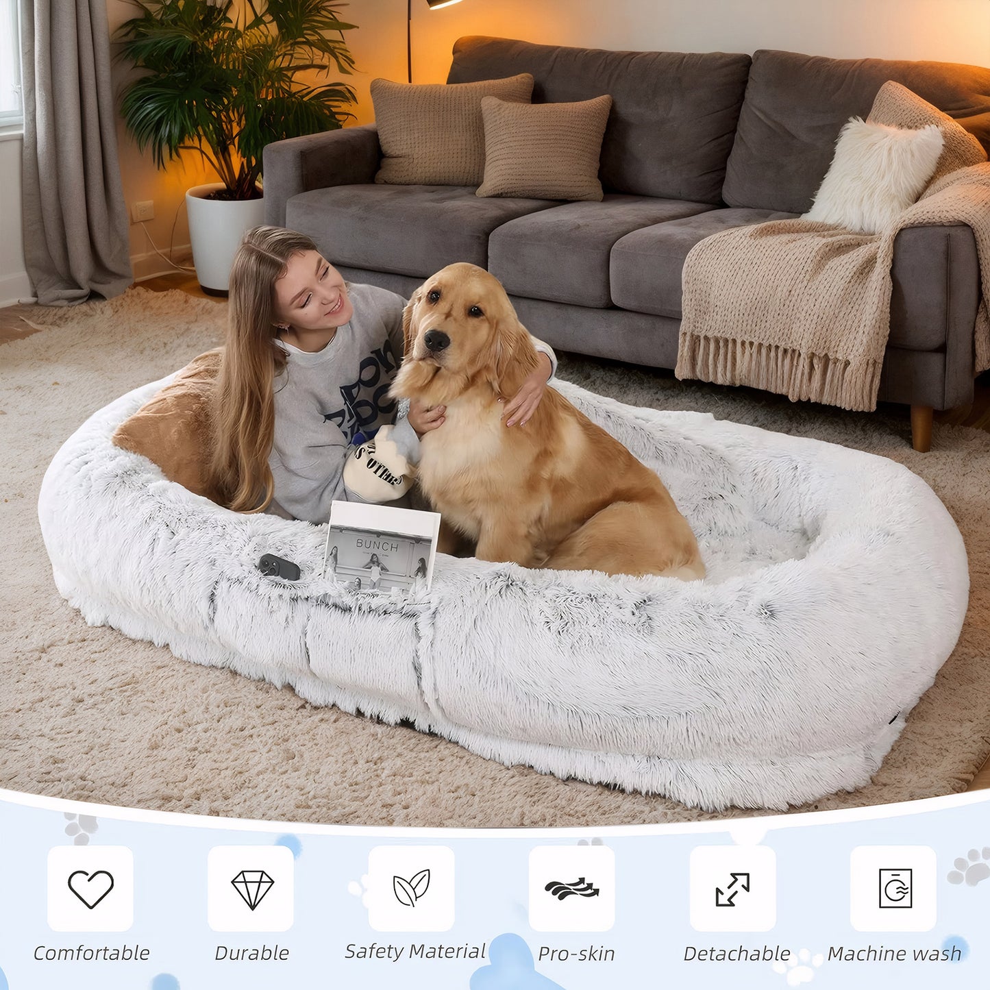 Orthopedic Dog Bed for People Dozing Off, Washable Faux Fur, Gray
