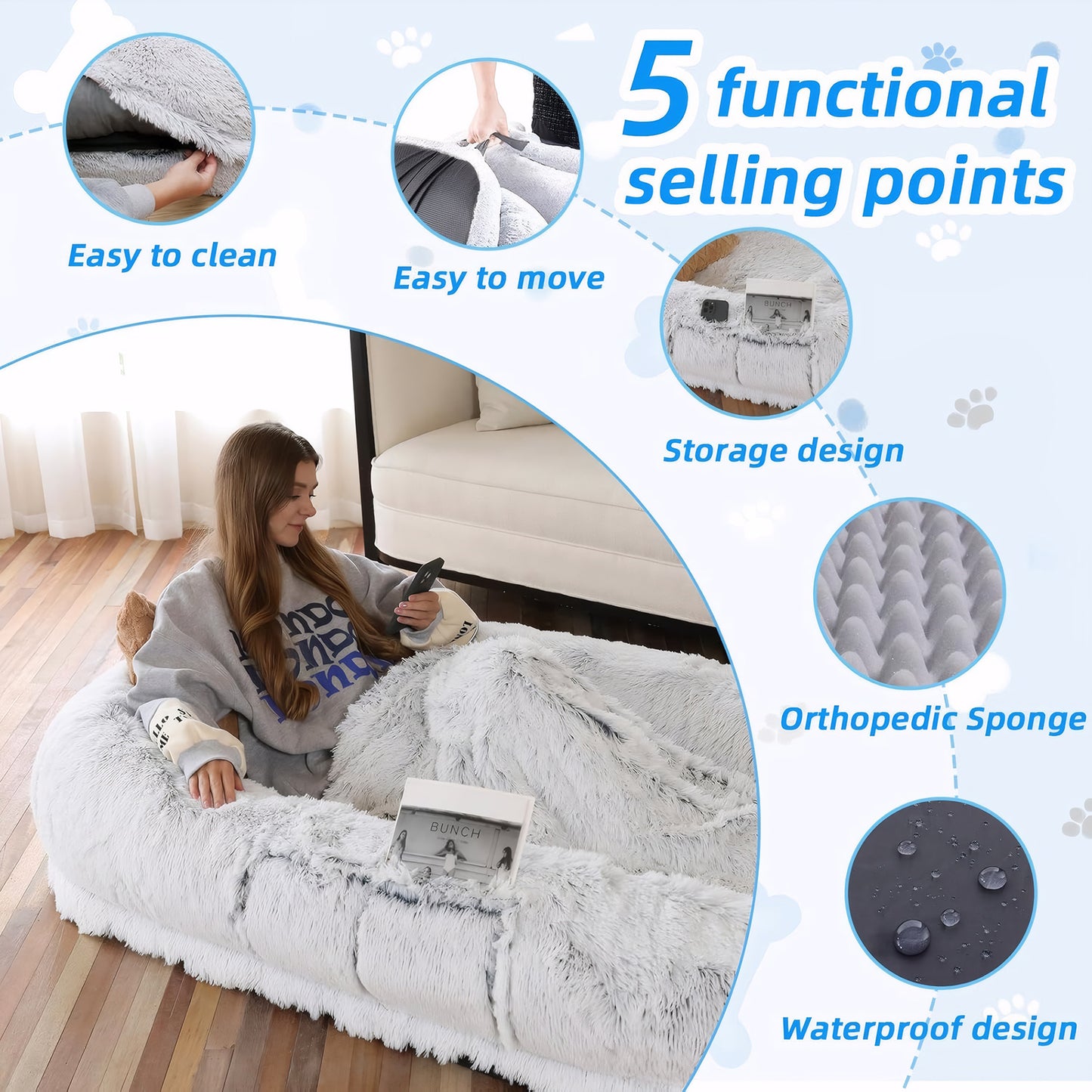 Orthopedic Dog Bed for People Dozing Off, Washable Faux Fur, Gray