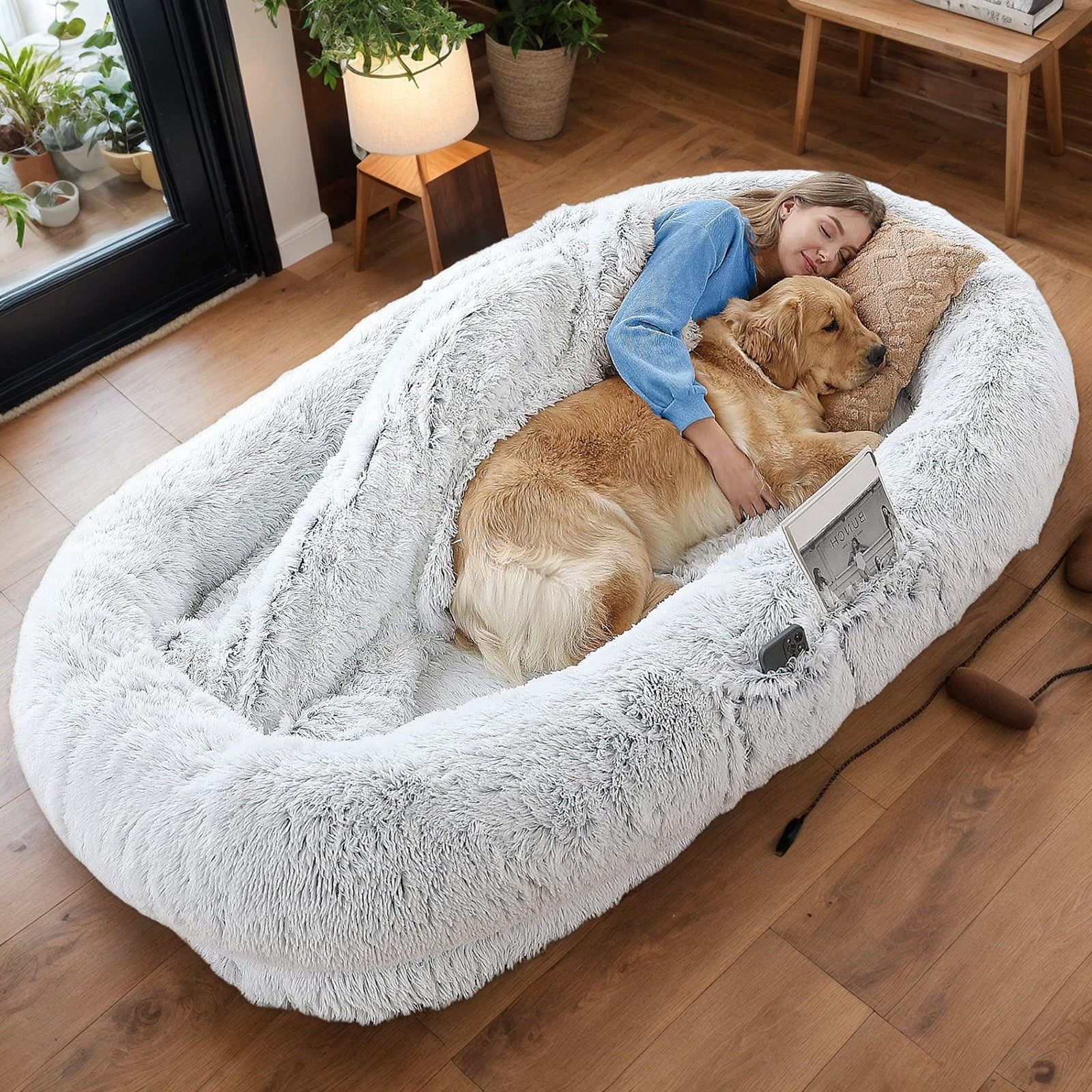 Orthopedic Dog Bed for People Dozing Off, Washable Faux Fur, Gray