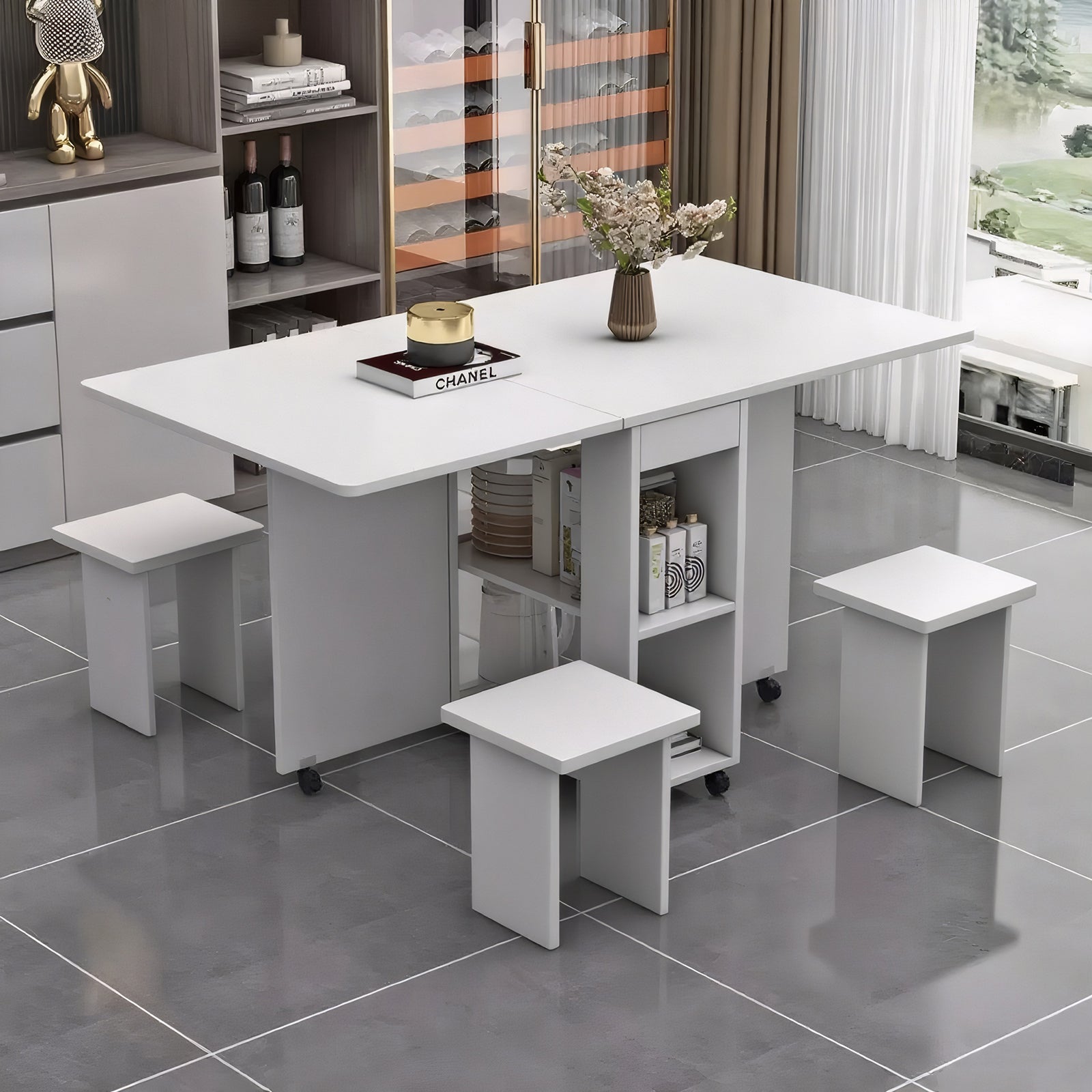 Folding Drop Leaf Dining Table Set for 4 with 4 Chairs, Space Saving Foldable Dining Table with Storage and 6 Wheels, 47.2 inch D x 23.6 inch W x 30.3 inch H, White