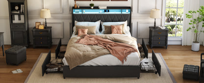 Black Metal Full Bed Frame with Storage and Headboard for Bedroom