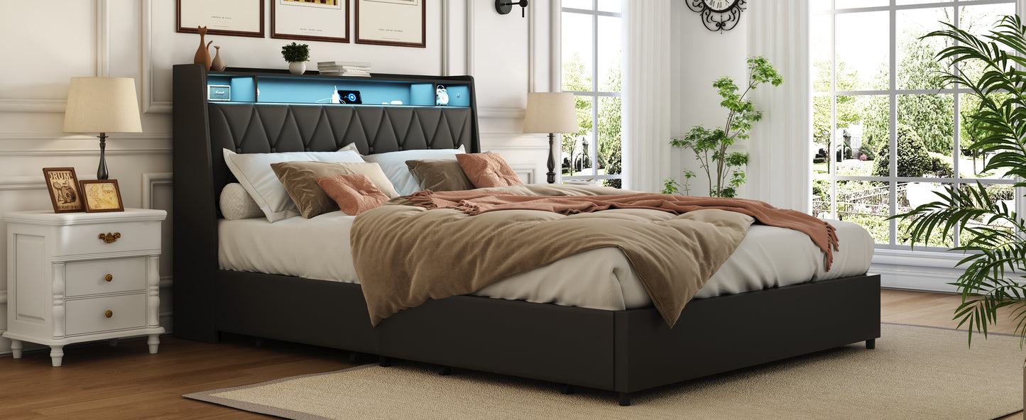 Black Metal Full Bed Frame with Storage and Headboard for Bedroom