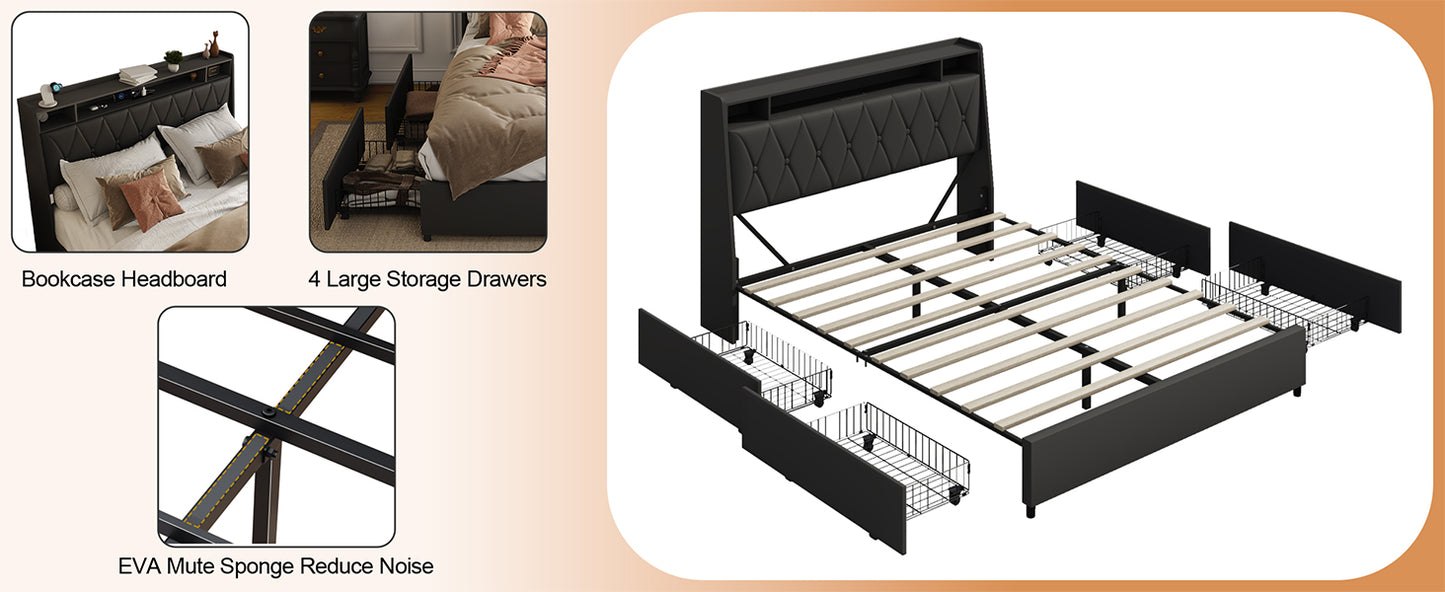 Black Metal Full Bed Frame with Storage and Headboard for Bedroom