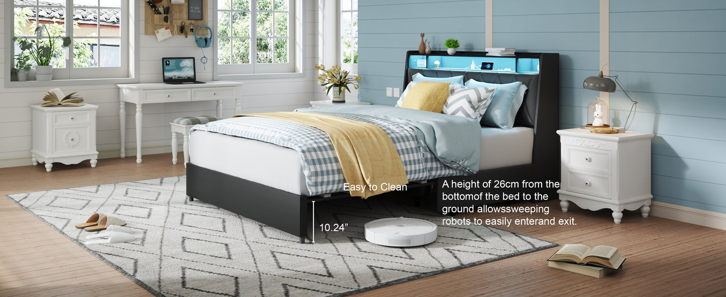 Black Metal Full Bed Frame with Storage and Headboard for Bedroom