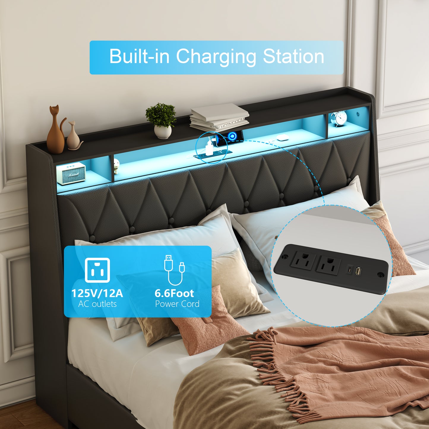 Black Metal Full Bed Frame with Storage and Headboard for Bedroom