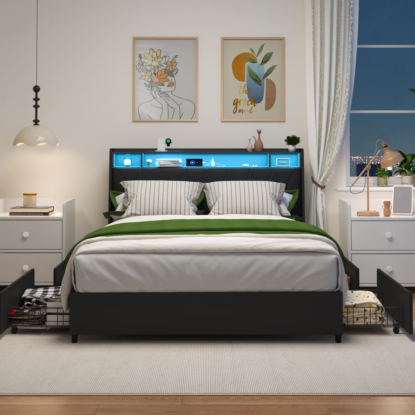 Full Size Bed Frame with Ergonomic Headboard, Full Platform Bed Frame with Outlets & Charger & LED Light, Full Bed Frame with Storage Shelf, Bed Frame Full Size, Noise-Free, No Box Spring Needed