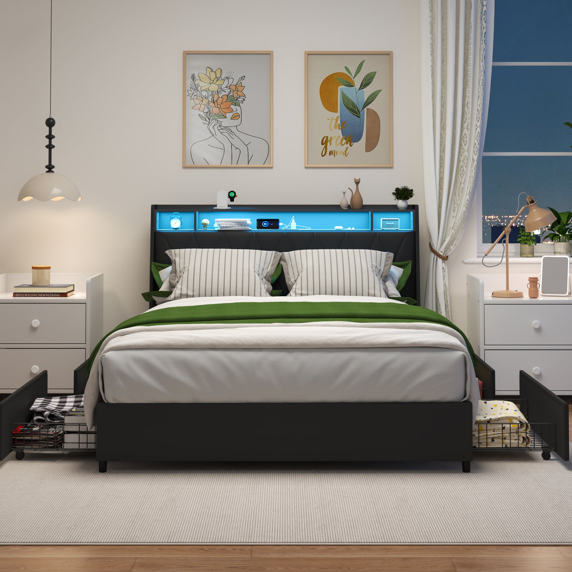Full Size Bed Frame with Ergonomic Headboard, Full Platform Bed Frame with Outlets & Charger & LED Light, Full Bed Frame with Storage Shelf, Bed Frame Full Size, Noise-Free, No Box Spring Needed