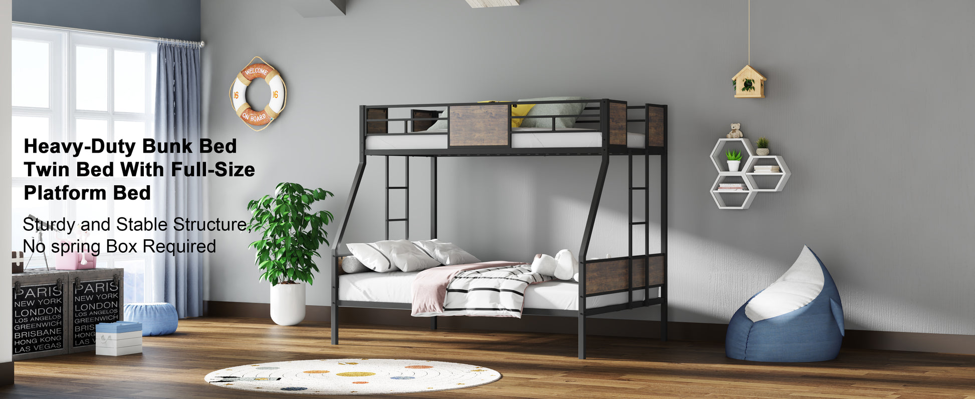 Twin Over Full Bunk Bed Frame - Brown Metal for Bedroom