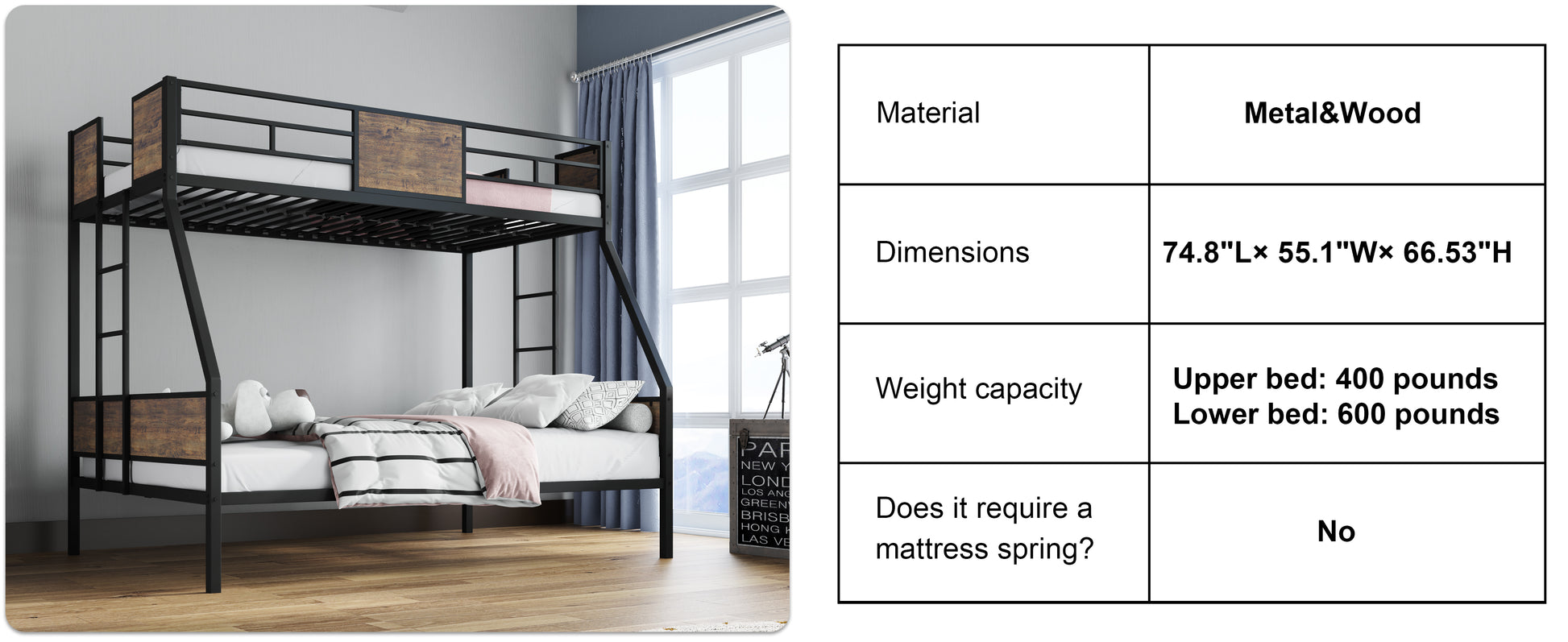 Twin Over Full Bunk Bed Frame - Brown Metal for Bedroom