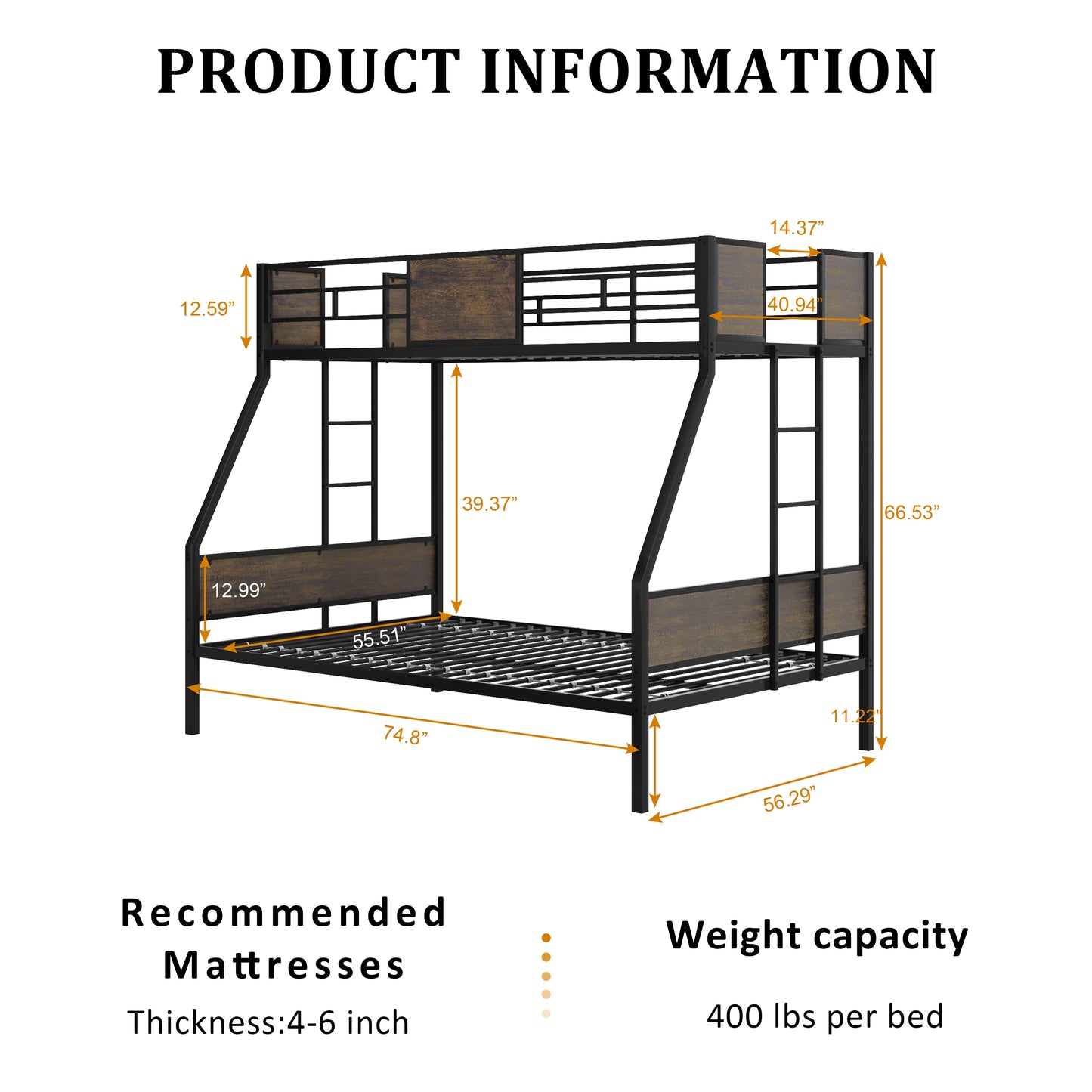 Twin Over Full Bunk Bed Frame - Brown Metal for Bedroom
