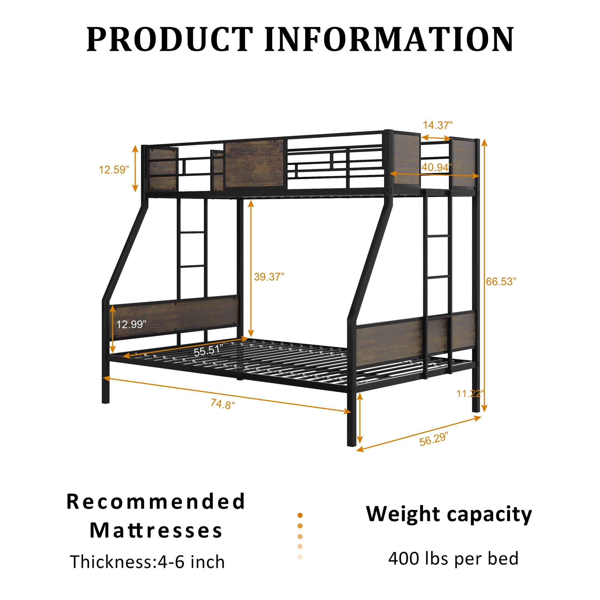 Twin Over Full Bunk Bed Frame - Brown Metal for Bedroom