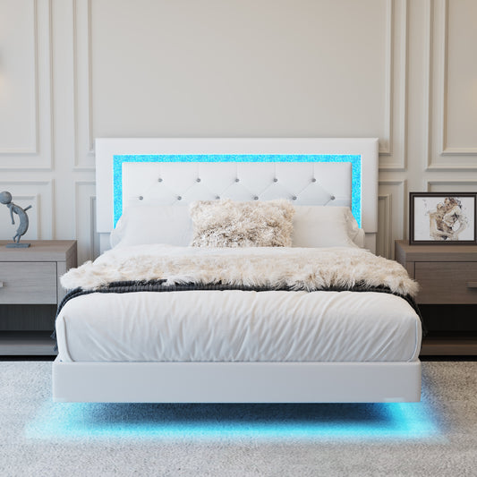 Full Size Bed Frame Beige Upholstered Headboard with LED Lights