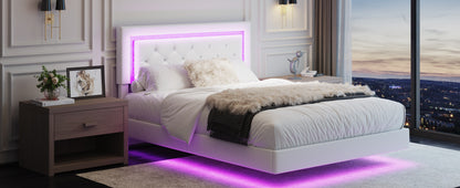 Full Size Bed Frame Beige Upholstered Headboard with LED Lights
